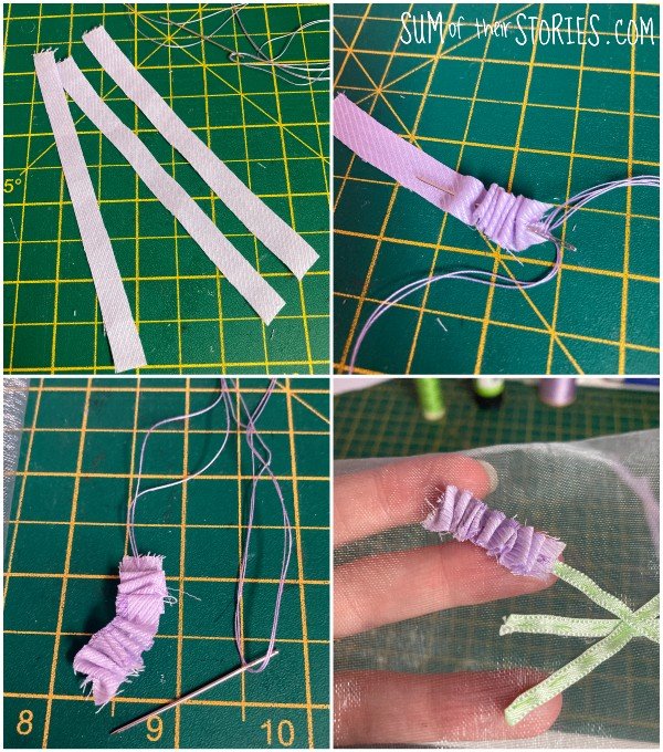 stitching a purple ribbon to an organza bag