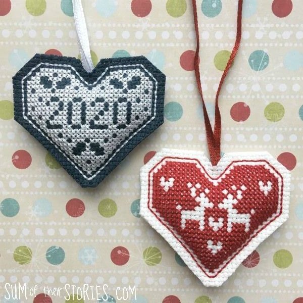 2 cross stitch heart christmas decorations