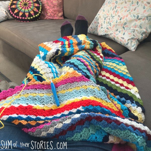 A multicoloured C2C scrap yarn blanket