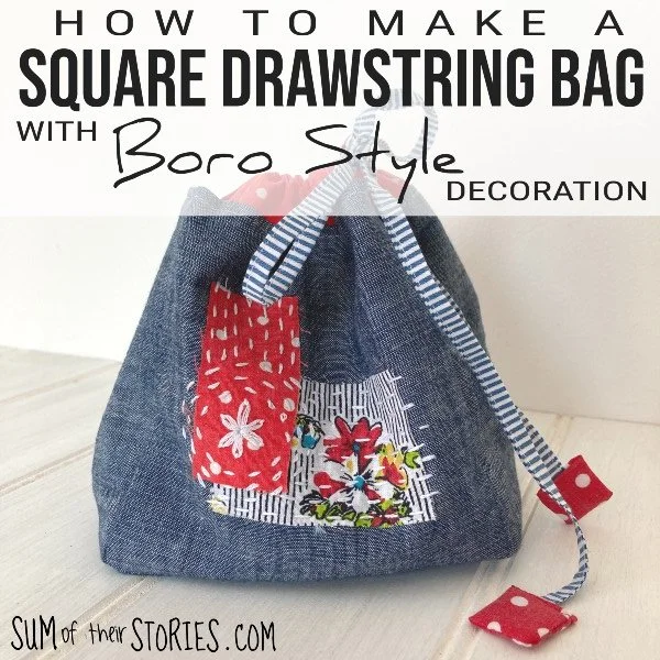 How to make a Square Drawstring Bag with Boro Style Decoration