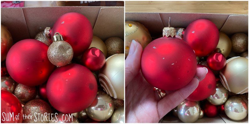 A box of tatty old Christmas baubles ready for upcycling