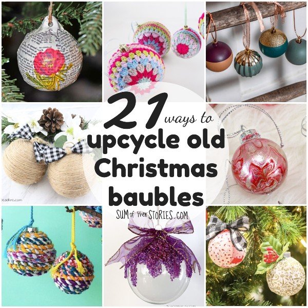 a collage of lots of colourful different way to upcycle Christmas baubles