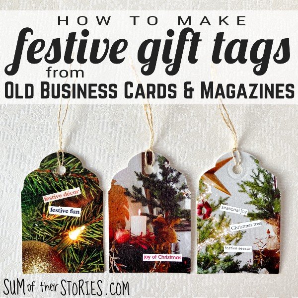 3 Christmas gift tags made from old business cards and magazine pages