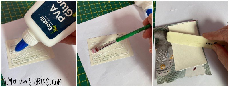 3 photos showing how to apply glue to an old business card to cover it with paper