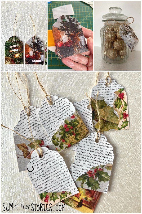 a selection of gift tags made by upcycling old business cards and magazines