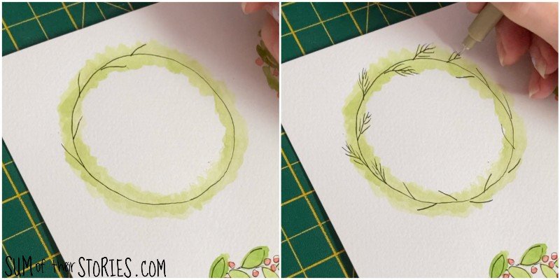 step by step instructions for drawing a simple Christmas wreath