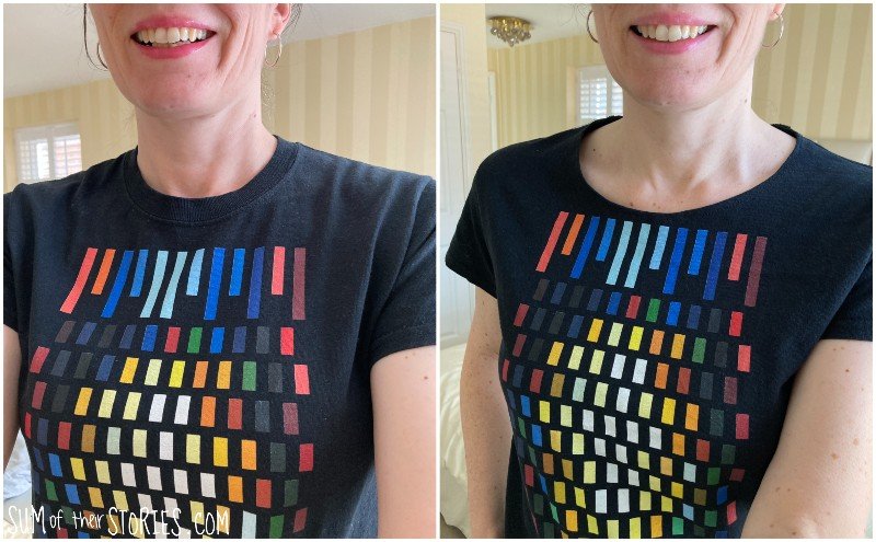 2 photos of the same t shirt after the neckline has been lowered