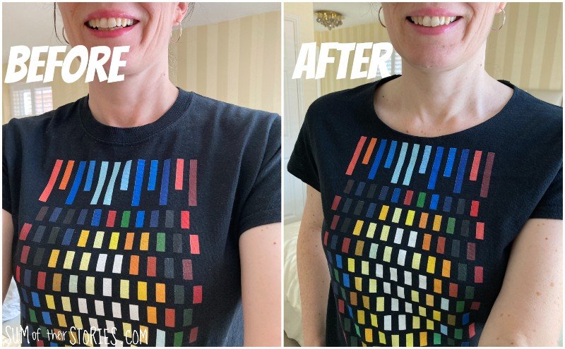 2 photos of a t shirt  before and after the neckline was altered