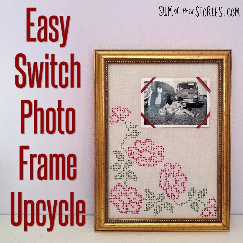 fabric covered photo frame with the words easy switch photo frame upcycle