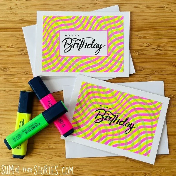 2 birthday cards with an easy to create highlighter pen background and a pile of highlighters alongside