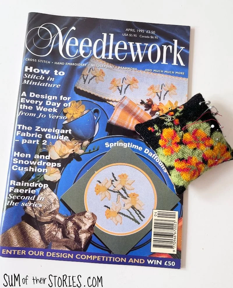 needlework magazine april 1995 and a pretty needlepoint pincushion