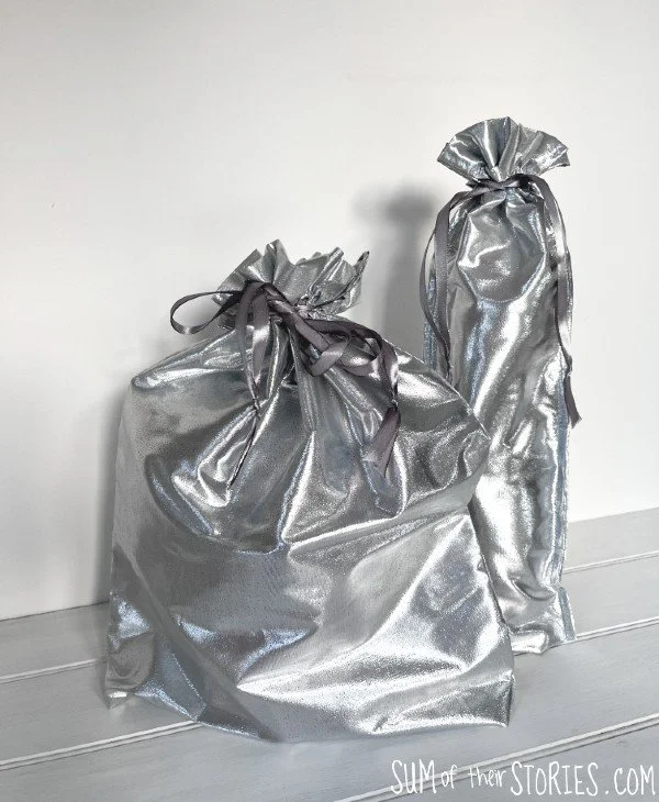 2 silver fabric reusable gift bags
