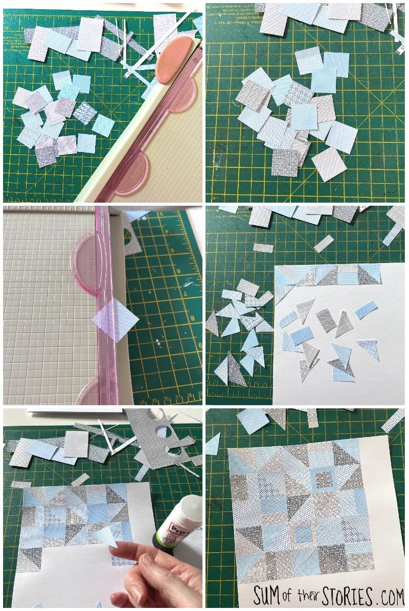 cutting up old envelopes to make a geometric greeting card