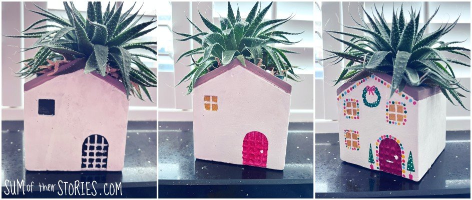 a house shaped planter first shown plain, then with a red door and finally with christmas decorations