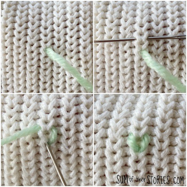 4 photos showing the step by step process of swiss darning