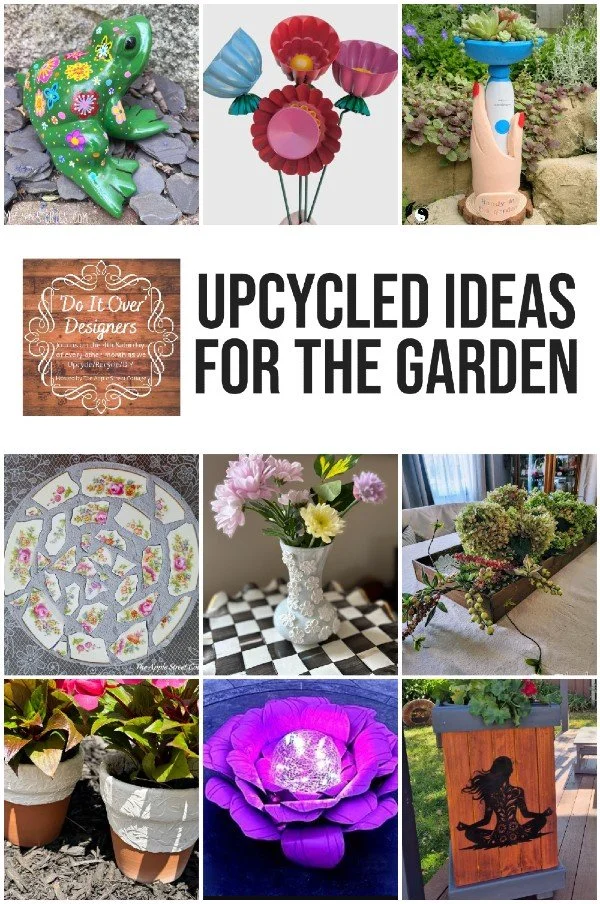 collage of upcycling projects for the garden