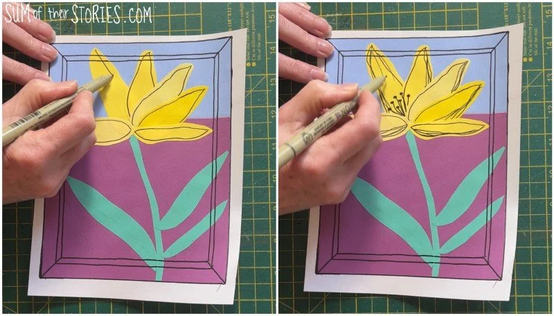 doodling on a paper collage of a yellow flower to highlight the petals