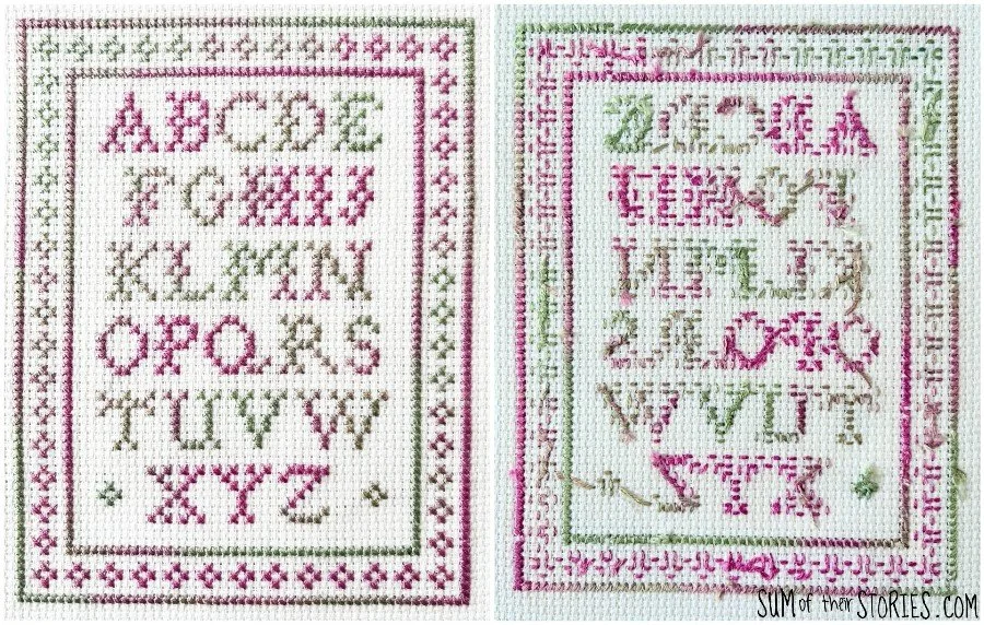 alphabet cross stitch sampler worked in variegated thread