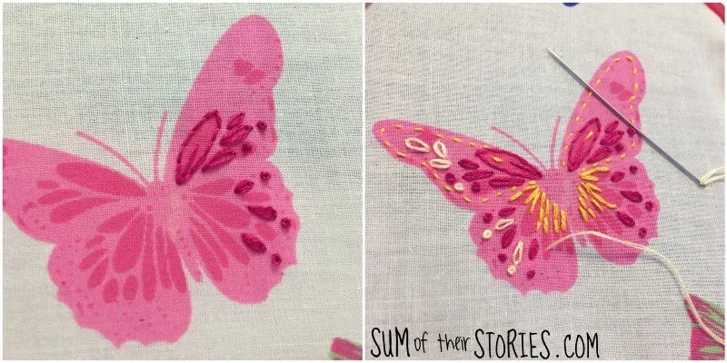 stitching embroidery over a pink printed butterfly