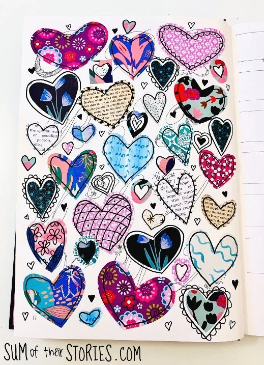 paper hearts in mixed paper colours with extra doodles