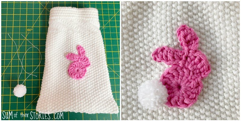 a crocheted bunny motif with a pom pom tail