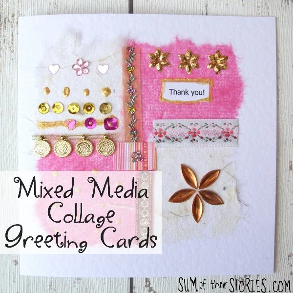 mixed media greeing card with pink tissue paper ribbons and sequins