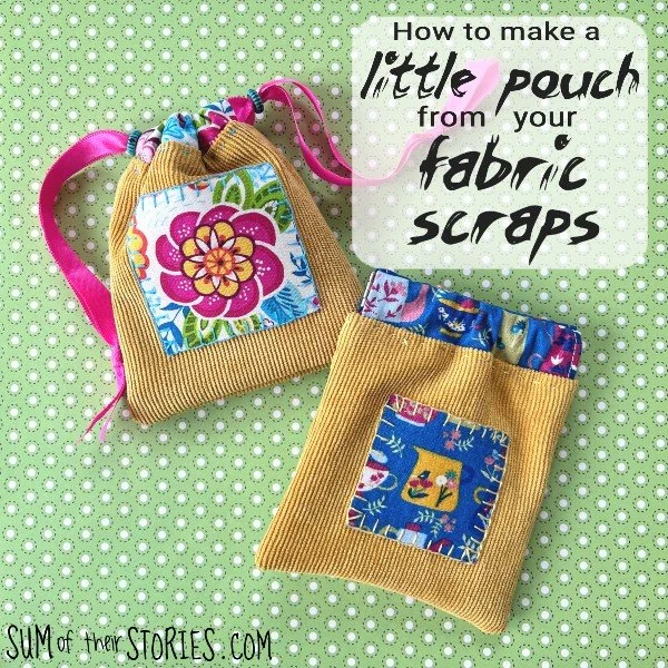 2 bright pouches made from fabric scraps