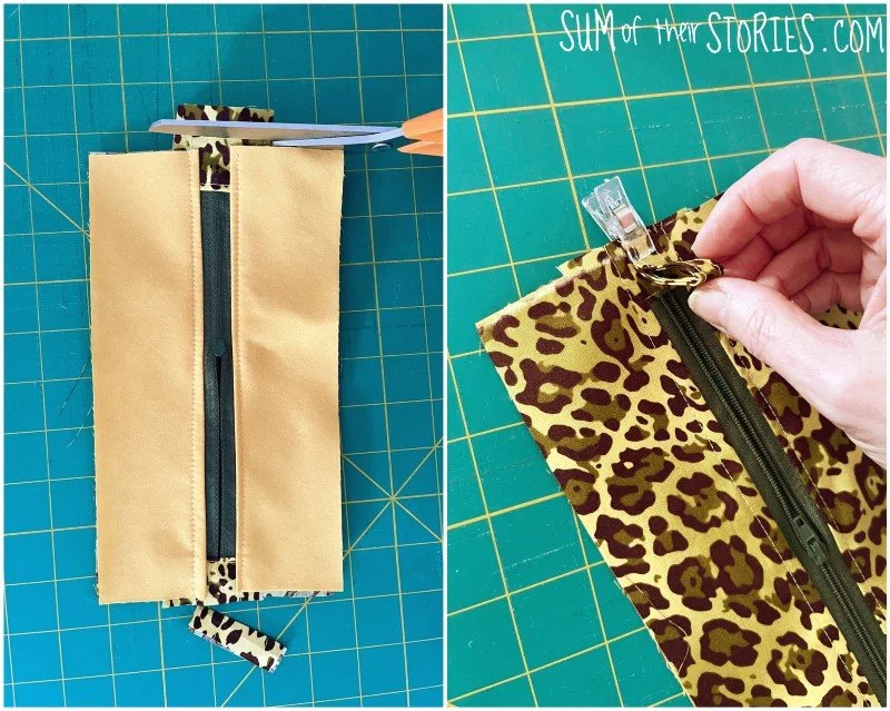 trimming the zip and clipping on the hanging loop
