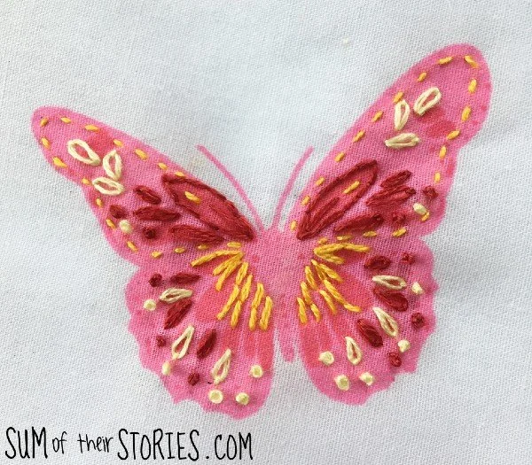pink butterfly print fabric with embroidery embellishment
