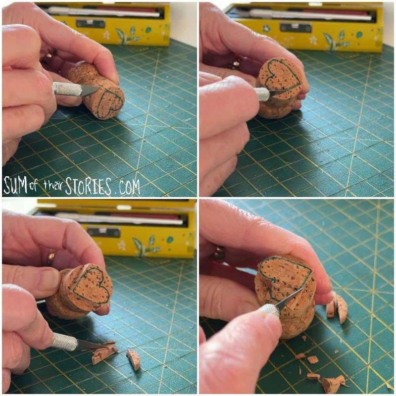 carving a cork printing stamp