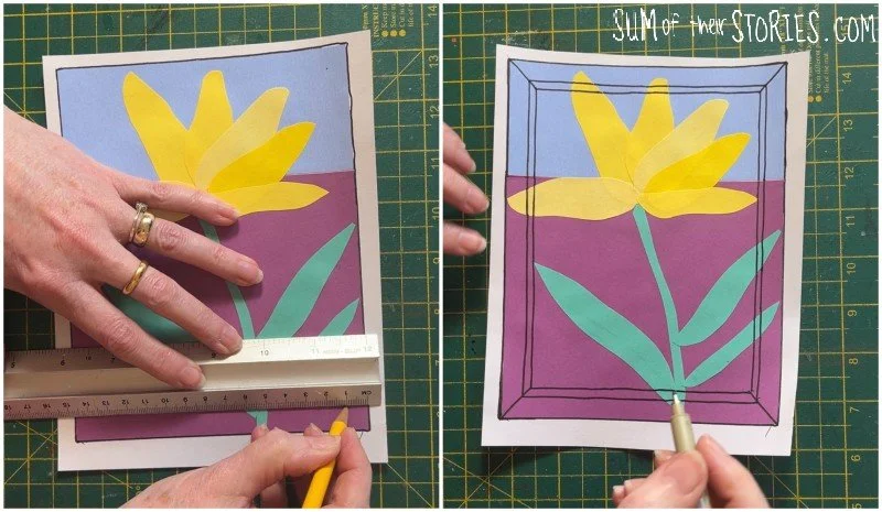 drawing a faux frame on a flower paper collage