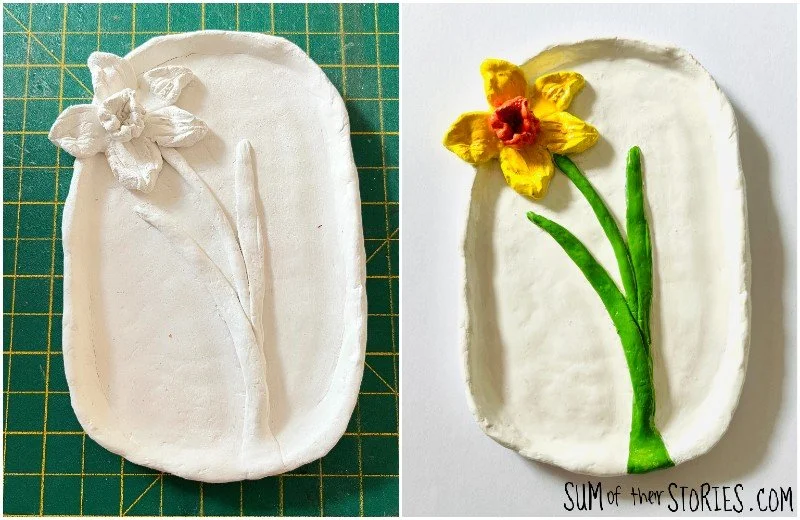 air dry oval dish with a daffodil