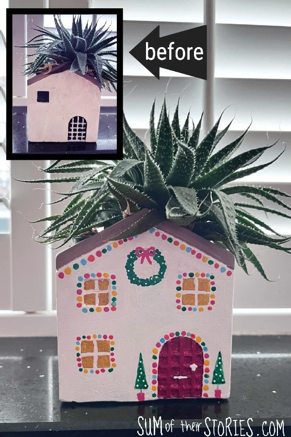 house shaped planter painted with christmas decorations, plus a small image in the corner of the planter before the makeover