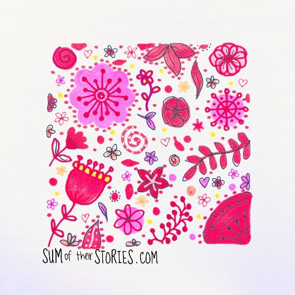 A square covered with doodles of flowers in shades of red and pink