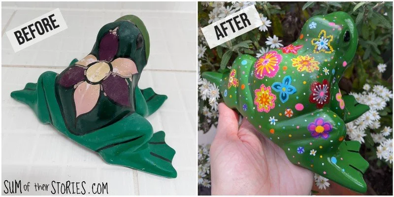 ceramic garden frog ornament looking tatty and then after a paint makeover