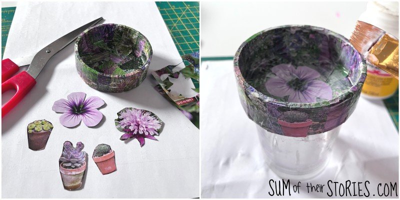 applying paper cut outs to a decoupage trinket dish