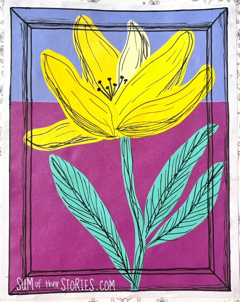 purple and blue paper background with a yellow paper collage flower. The flower has added doodled line details and the art has a faux frame drawn on it