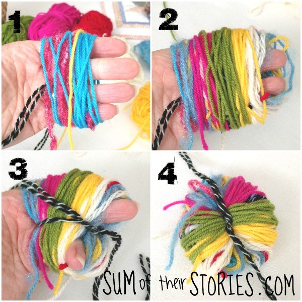 making pom poms over your hand 4 step by step photos