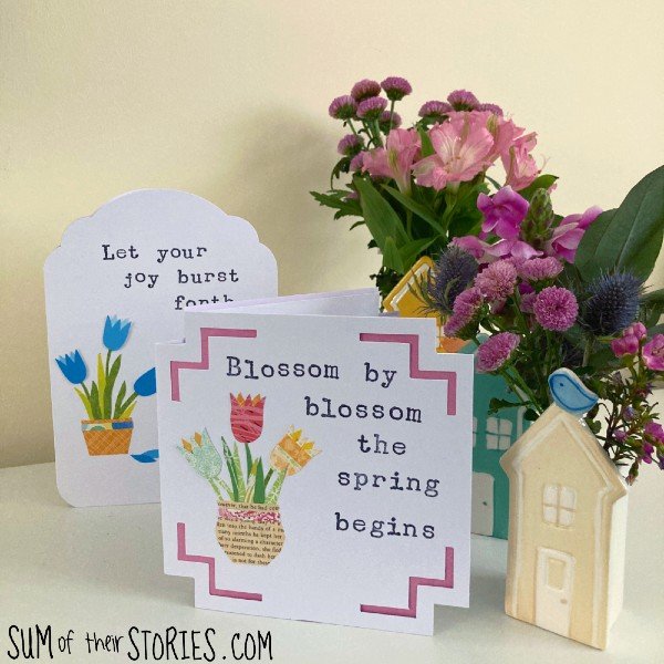 2 Tulip collage greeting cards with spring quotes next to a vase of flowers
