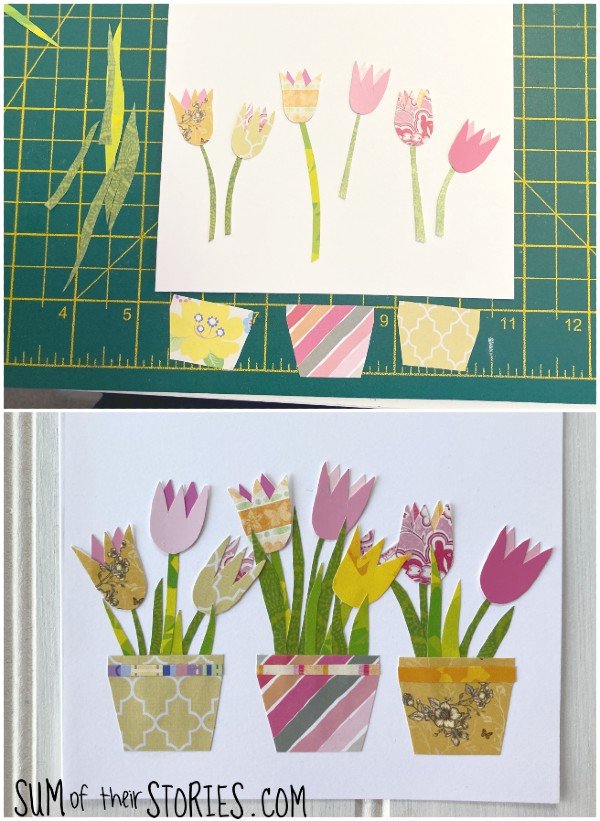 a tulip flower paper collage half done and then completed