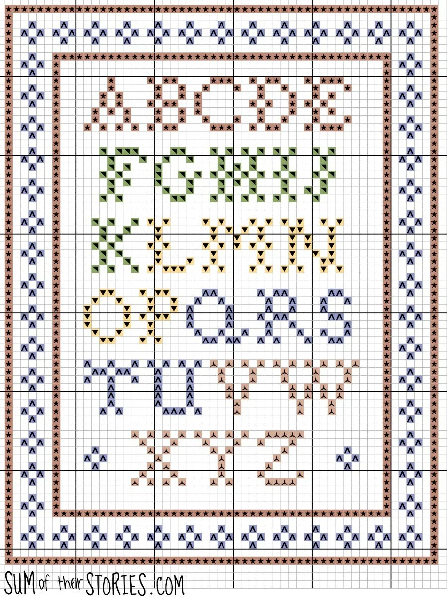 simple cross stitch alphabet chart in colour