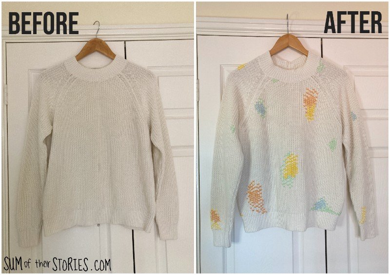 2 photos of the same cream sweater when it was plain and then embroidered with colourful patches