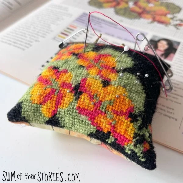 needlepoint nasturtium pincushion