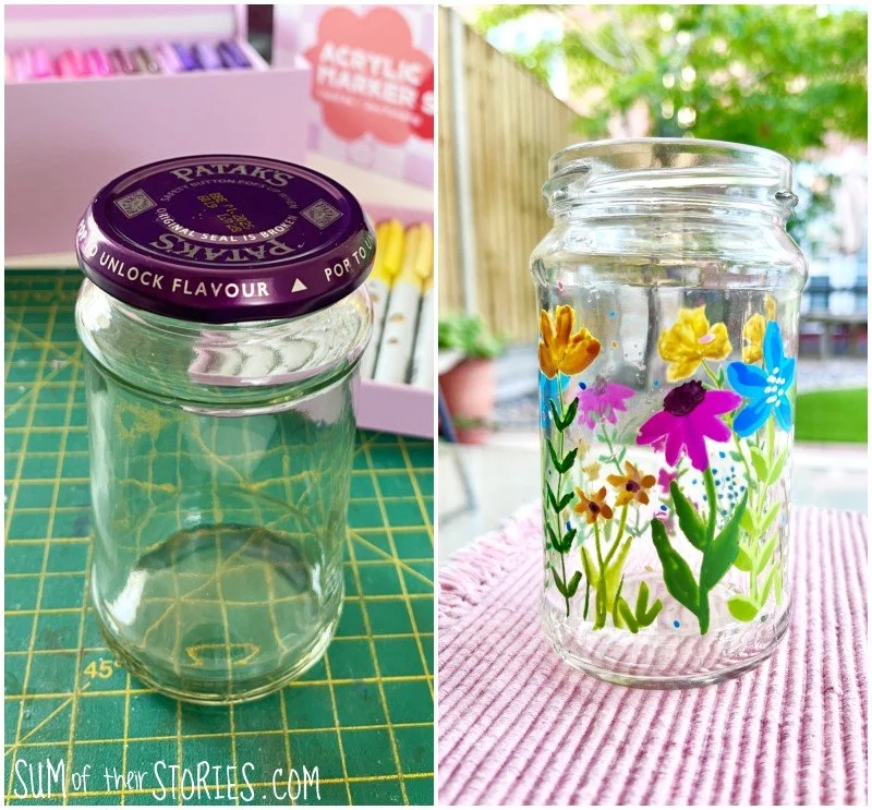 before and after glass jar painted with a wild flower meadow