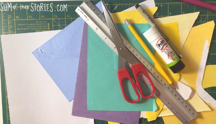 a pile of supplies to make a paper collage including scissors, ruler, pen, glue, pencil and coloured paper