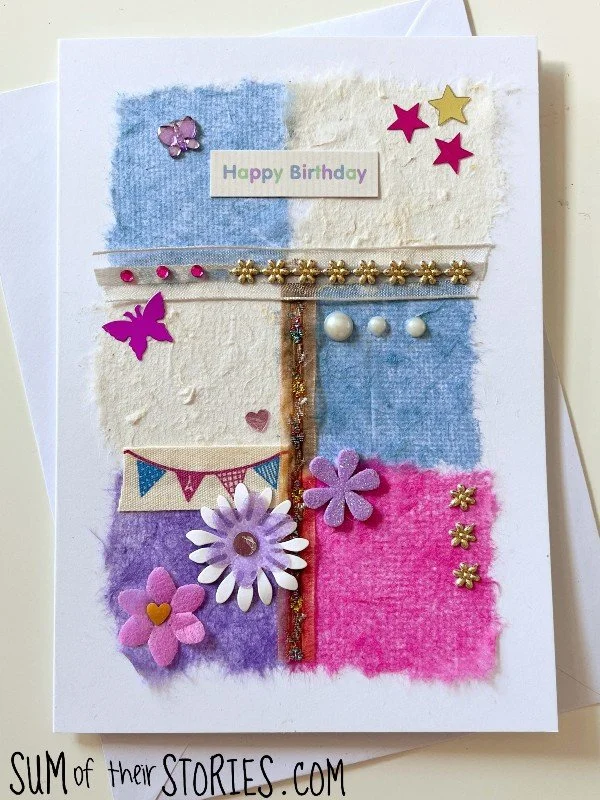 mixed media collage greeting card in shades of blue and purple