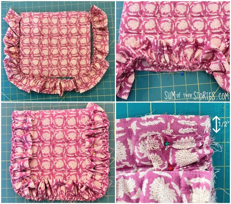 sewing a frill on a bag