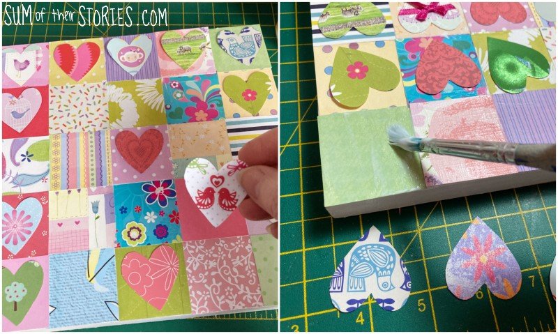 glueing hearts onto a valentine collage