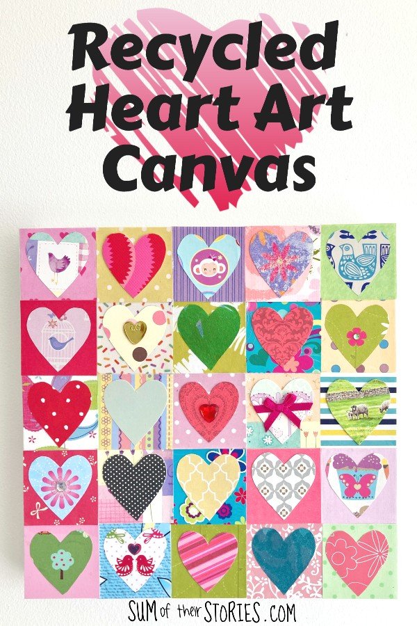 An art canvas made from scrap papers in a collage of hearts