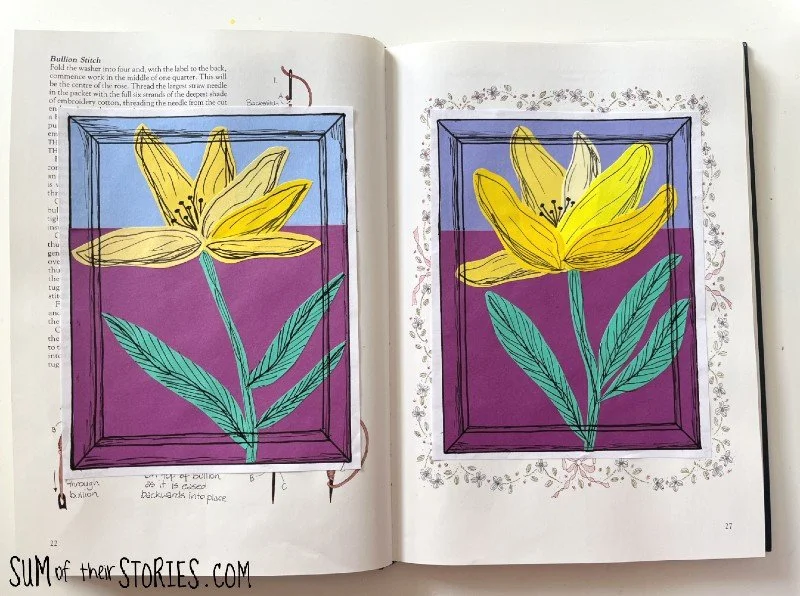 2 floral paper collages in an old book junk journal